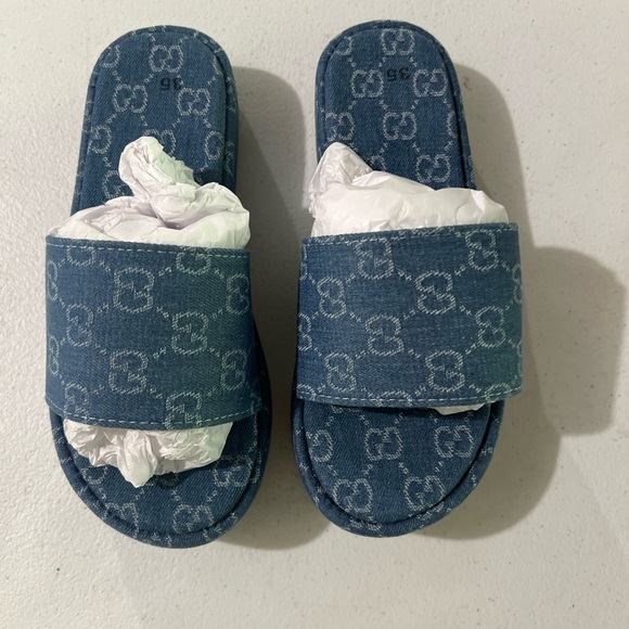 Women's Denim Blue Slide Sandals - Picture 1 of 2